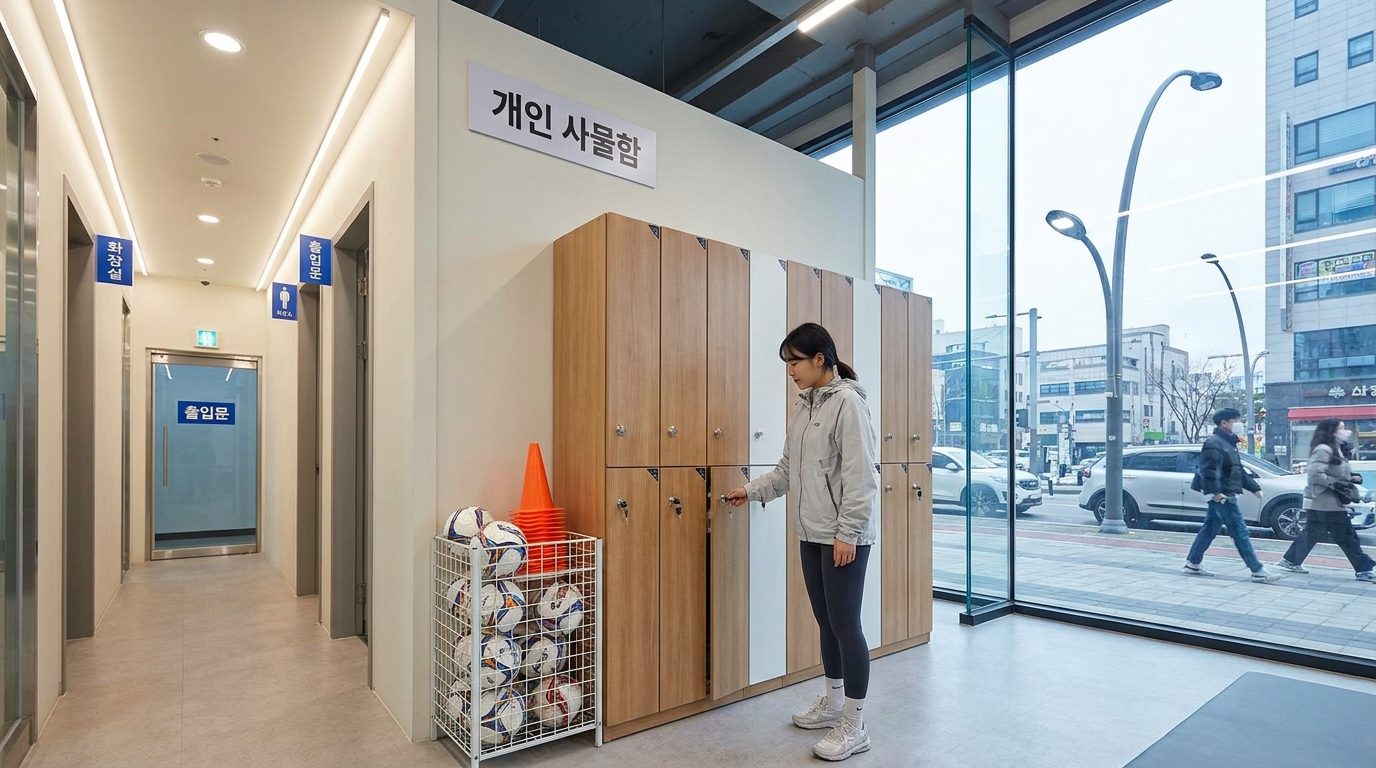 현대적인 한국 실내 풋살 시설과 락커룸에서 개인 물품을 정리하는 여성 참가자
