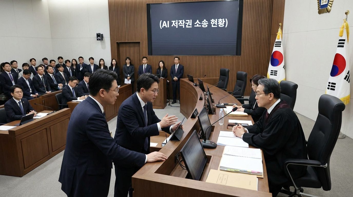 한국 법정에서 AI 저작권 소송에 대해 논의하는 모습, 판사와 변호인 법정 내부 장면