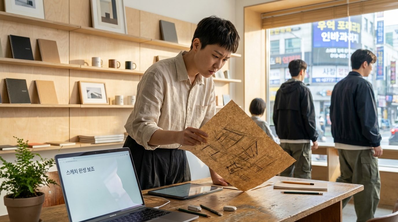따뜻한 자연광이 드는 현대 한국 작업실에서 손그림 스케치를 들여다보는 젊은 성인 인물의 클로즈업 모습