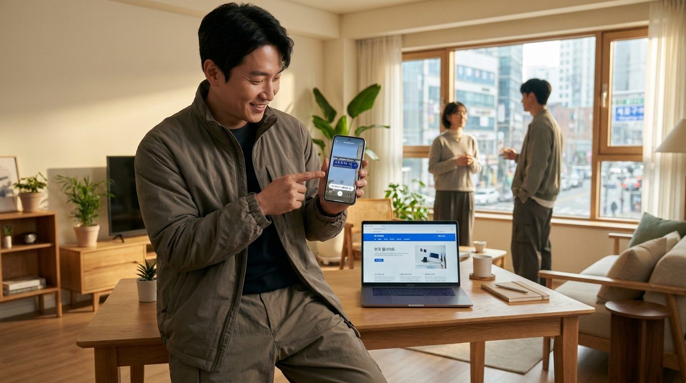 실내에서 사진 번역 중인 30대 남성의 모습