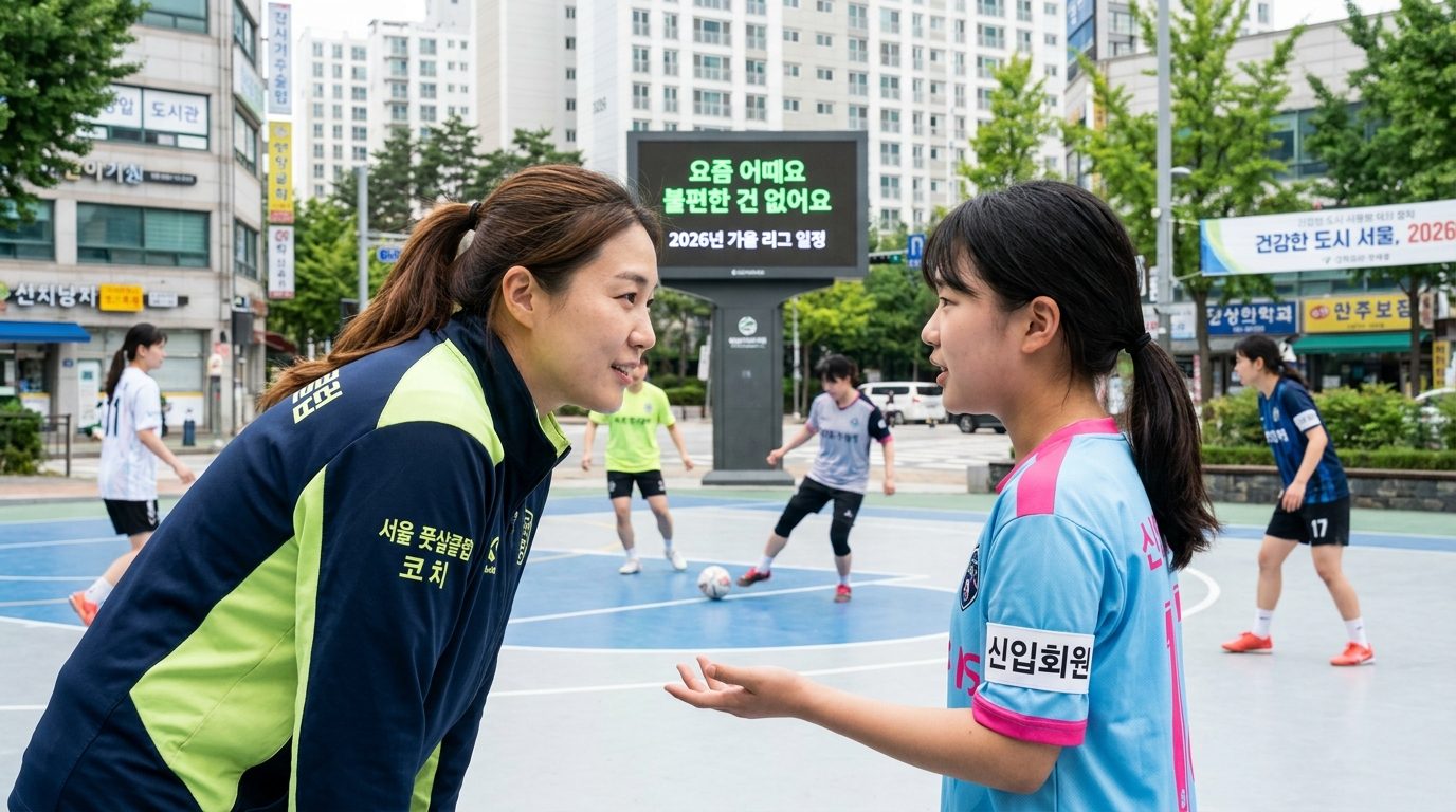 풋살 동호회 운영진이 신입 회원과 중간 점검 대화를 나누는 모습
