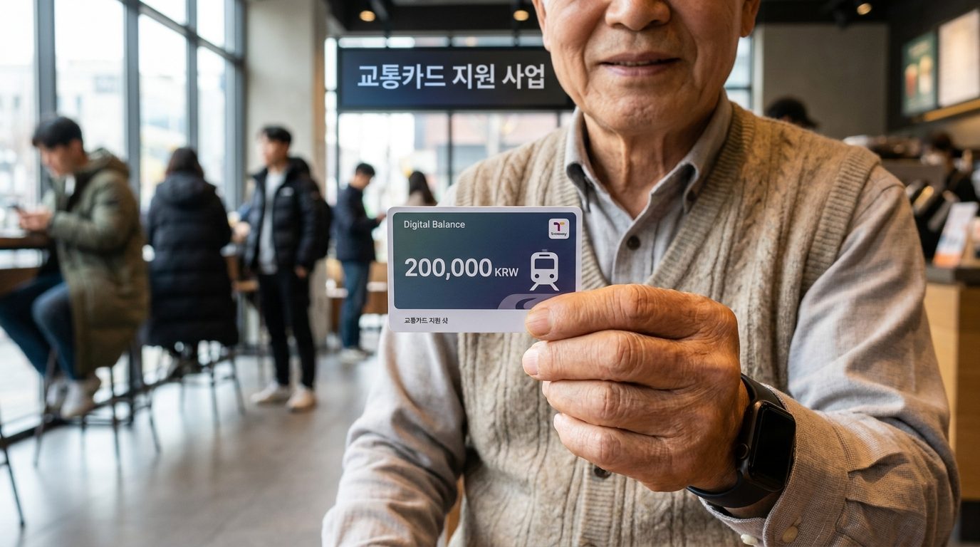 20만원이 충전된 교통카드를 들고 미소 짓는 노년 한국 남성 클로즈업