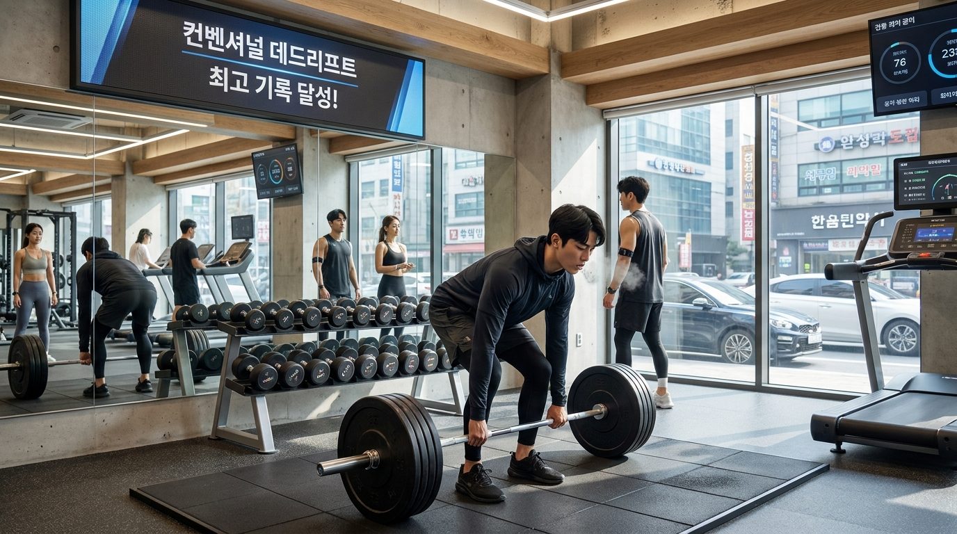한국의 현대 헬스장에서 컨벤셔널 데드리프트를 하는 젊은 한국인 남성의 모습