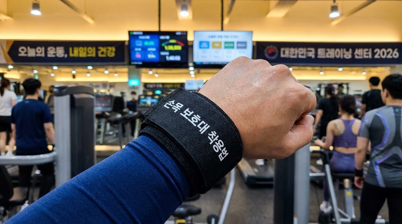한국 남성의 손목에 착용된 손목 보호대 클로즈업 이미지, 검정색 보호대에 (손목 보호대 착용법) 한글 문구가 보임