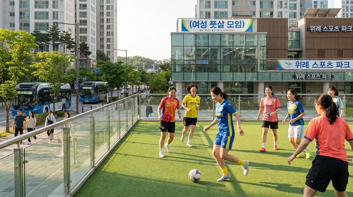 위례 여성 풋살 회비: 밝고 다양한 한복 코치들이 따뜻한 자연광 아래 위례 신도시 현대 풋살 경기장에서 여성들이 활기차게 풋살을 즐기고 있는 모습