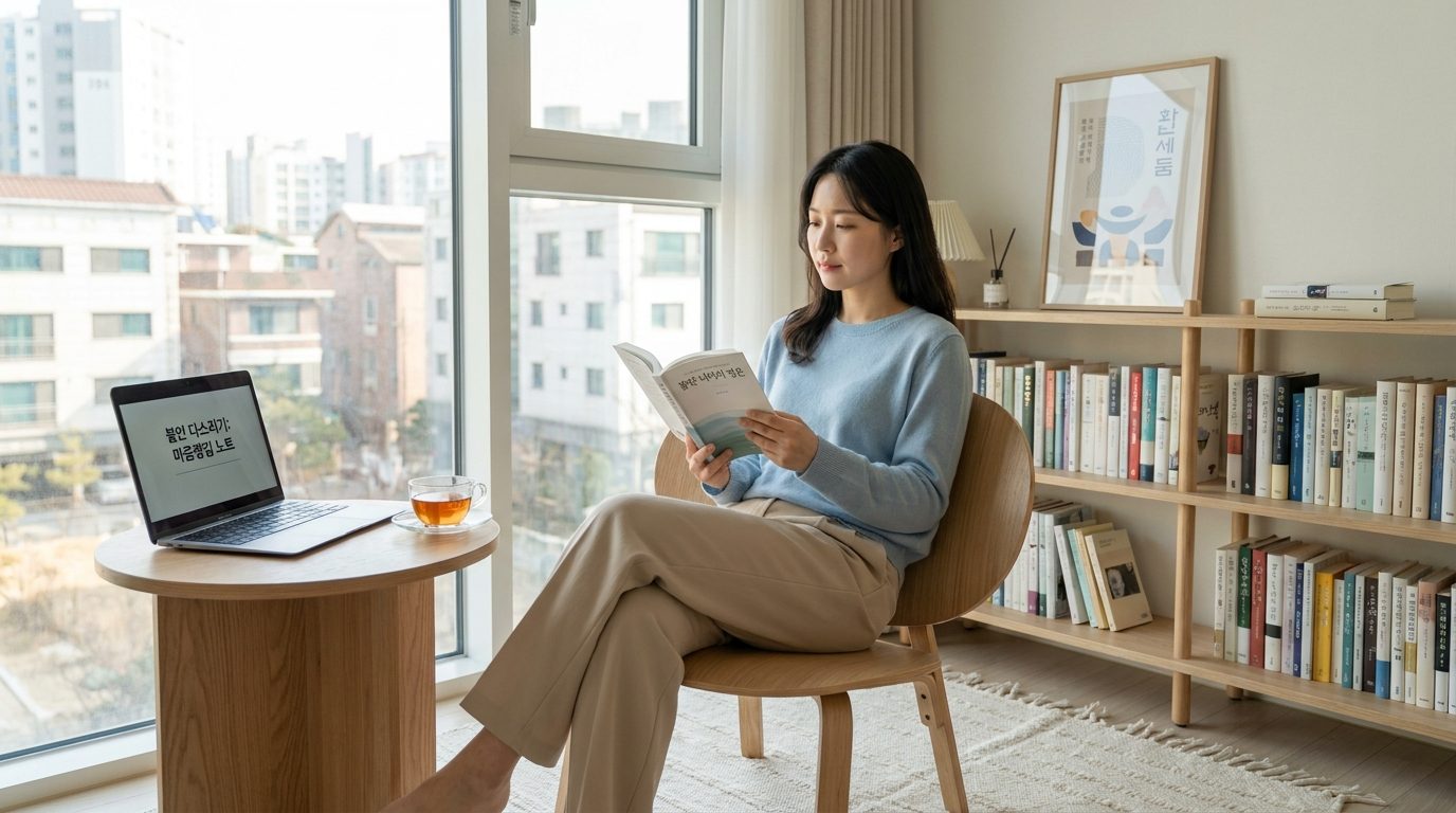 마음챙김 심리학 도서: 30대 여성이 자연광이 들어오는 아늑한 집 서재에서 심리학 책을 읽으며 불안을 다루는 모습