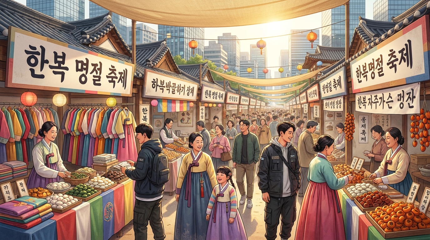 전통 한복과 명절 상품으로 가득한 활기찬 한국 전통 시장의 광각 이미지