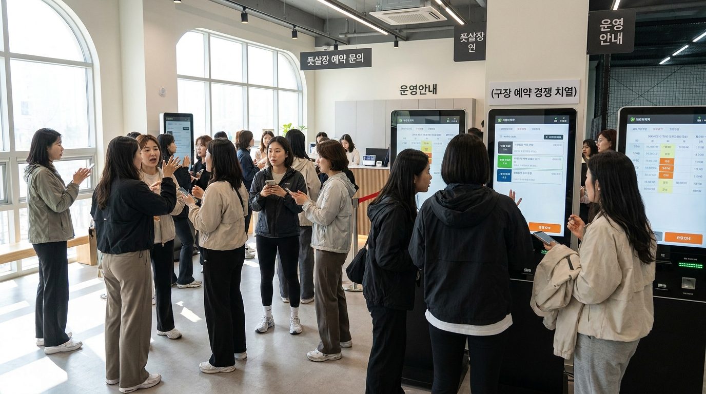여러 연령대 여성들이 실내 스포츠센터에서 구장 예약 경쟁을 하고 있는 모습