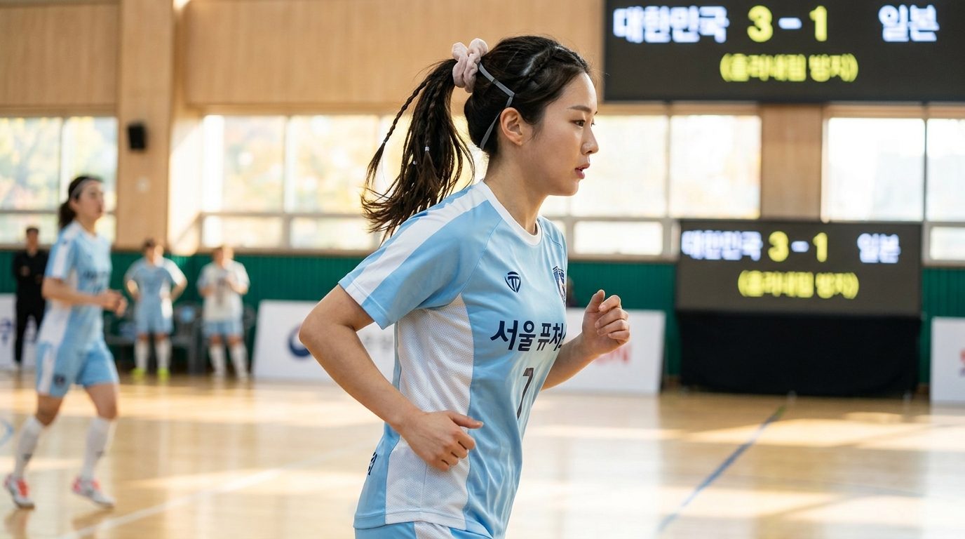 긴 머리를 땋아 묶은 한국 여자 풋살 선수의 역동적인 경기 장면