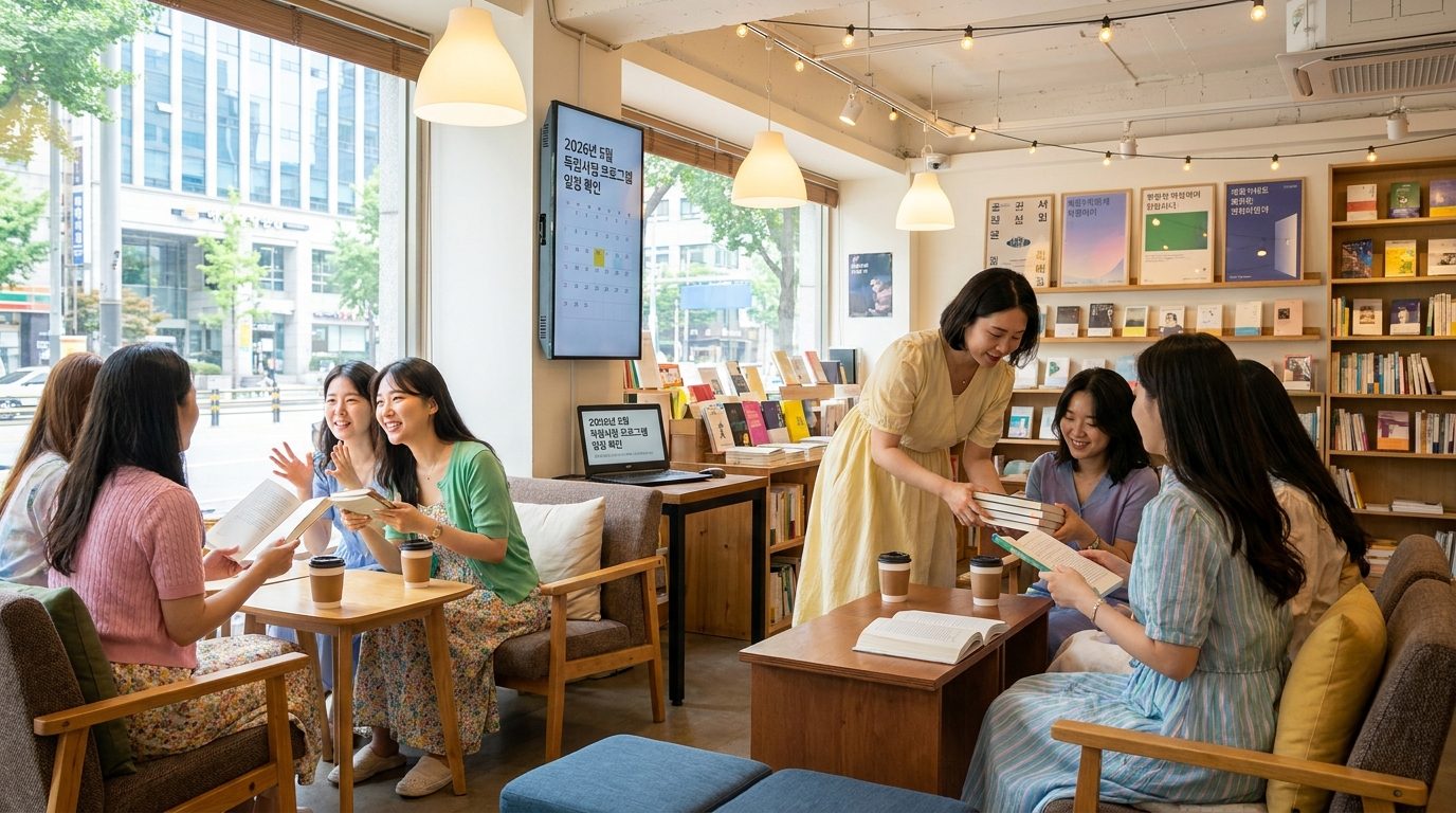 서울의 독립서점 내부 카페 공간에서 밝고 따뜻한 조명 아래 여러 여성이 책 모임을 갖고 웃으며 대화하는 모습