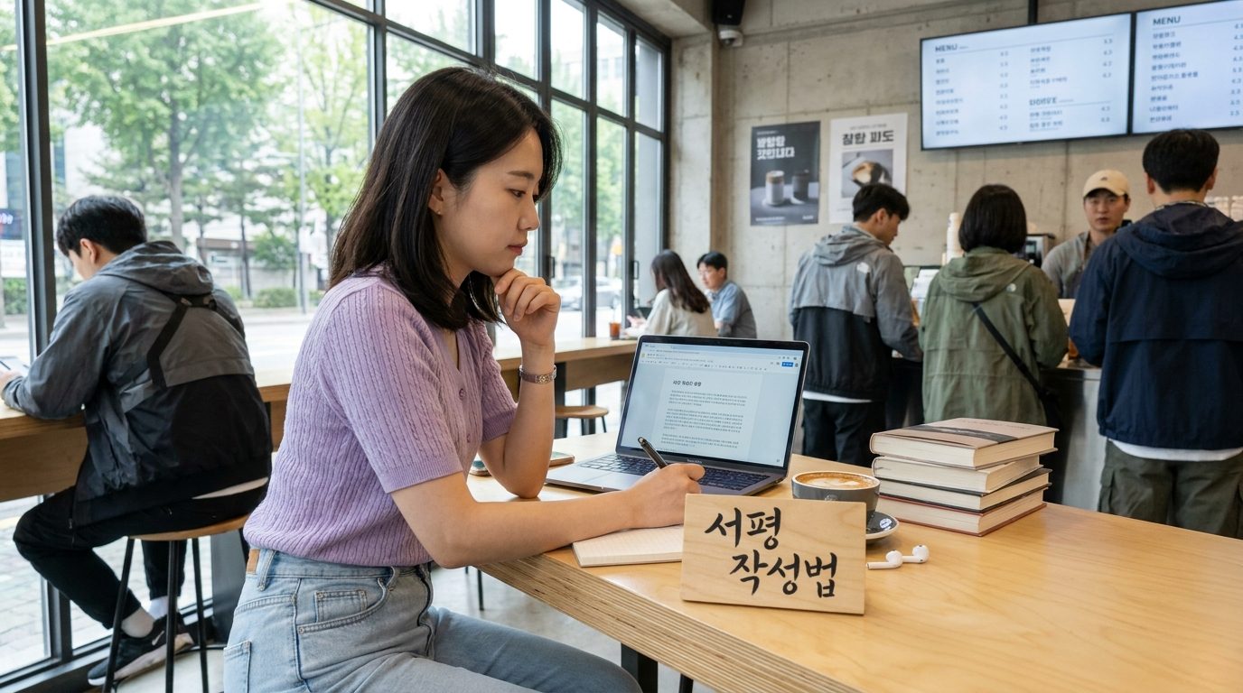 편안한 카페에서 노트북으로 서평을 작성하는 여성의 모습