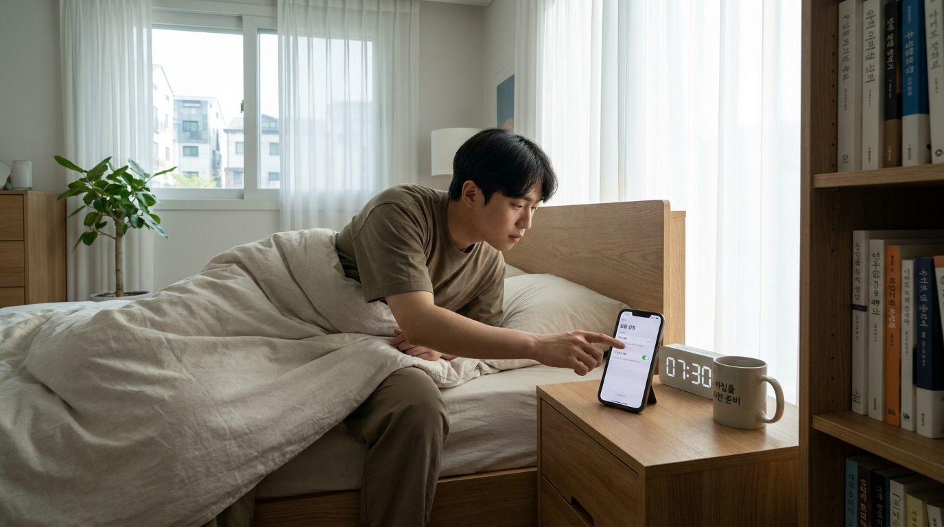 한국의 아침 침실에서 알람 볼륨과 방해금지 모드 예외 설정을 조절하는 모습.