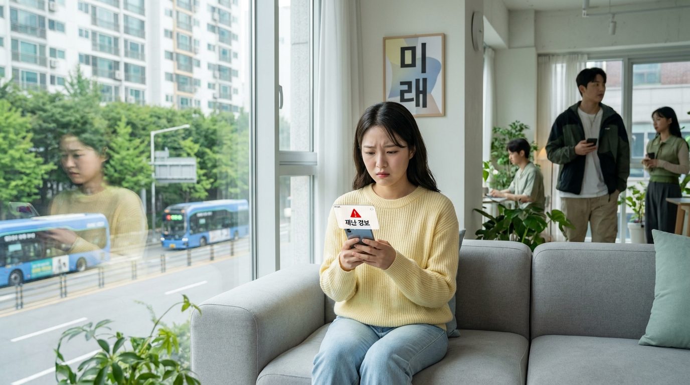 걱정스러운 표정으로 스마트폰을 들여다보는 한국 여성