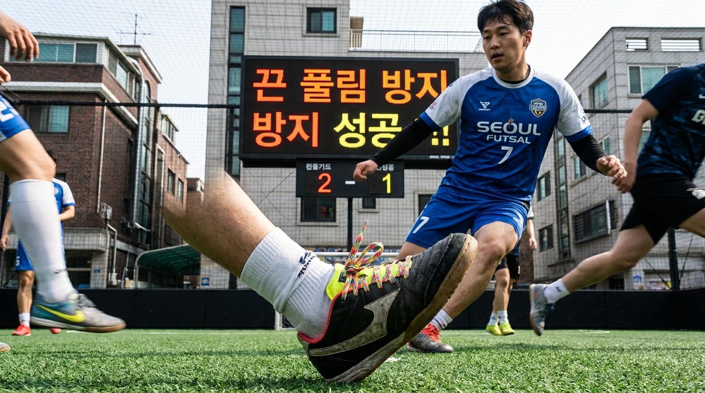 인조잔디 풋살 경기 중 끈을 단단히 묶은 풋살화를 신은 선수의 동작 장면