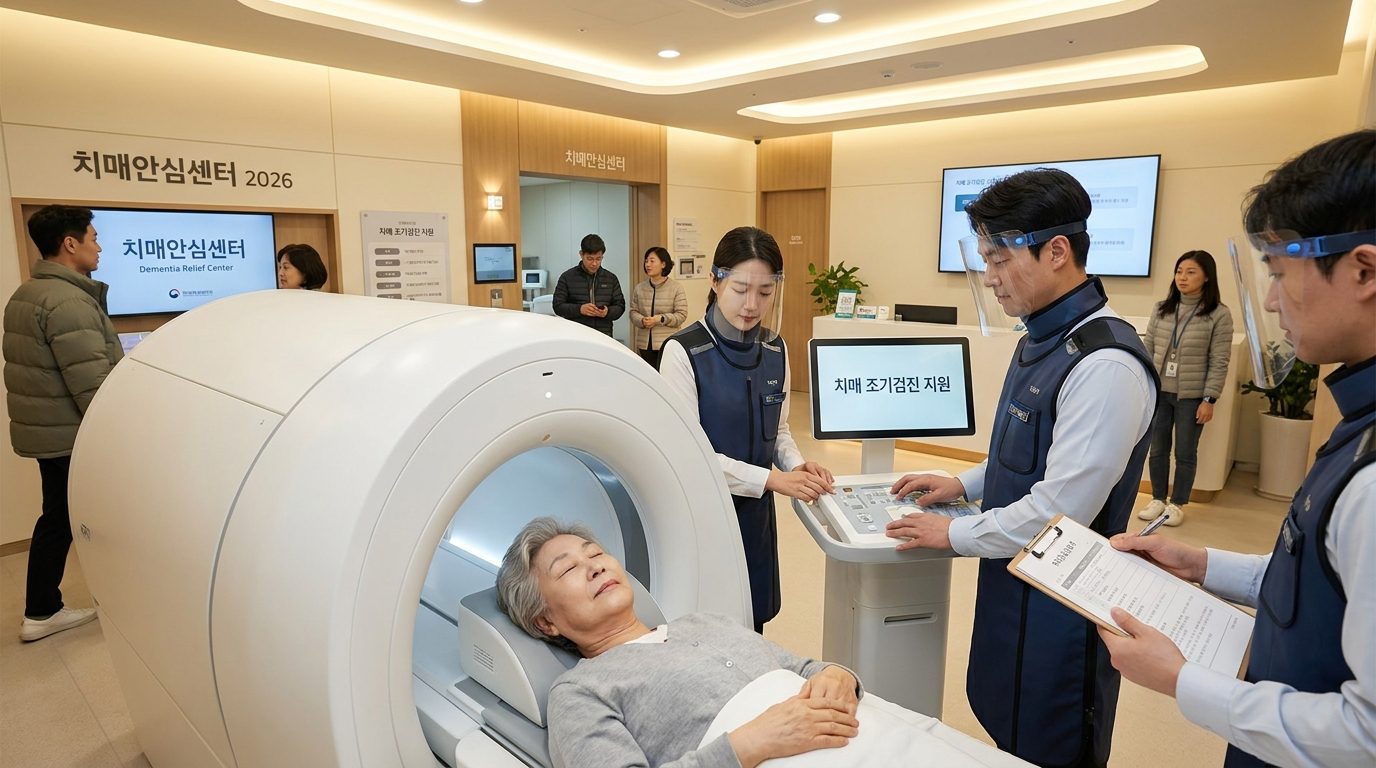 치매 조기검진을 받고 있는 한국 노인과 의료진 모습