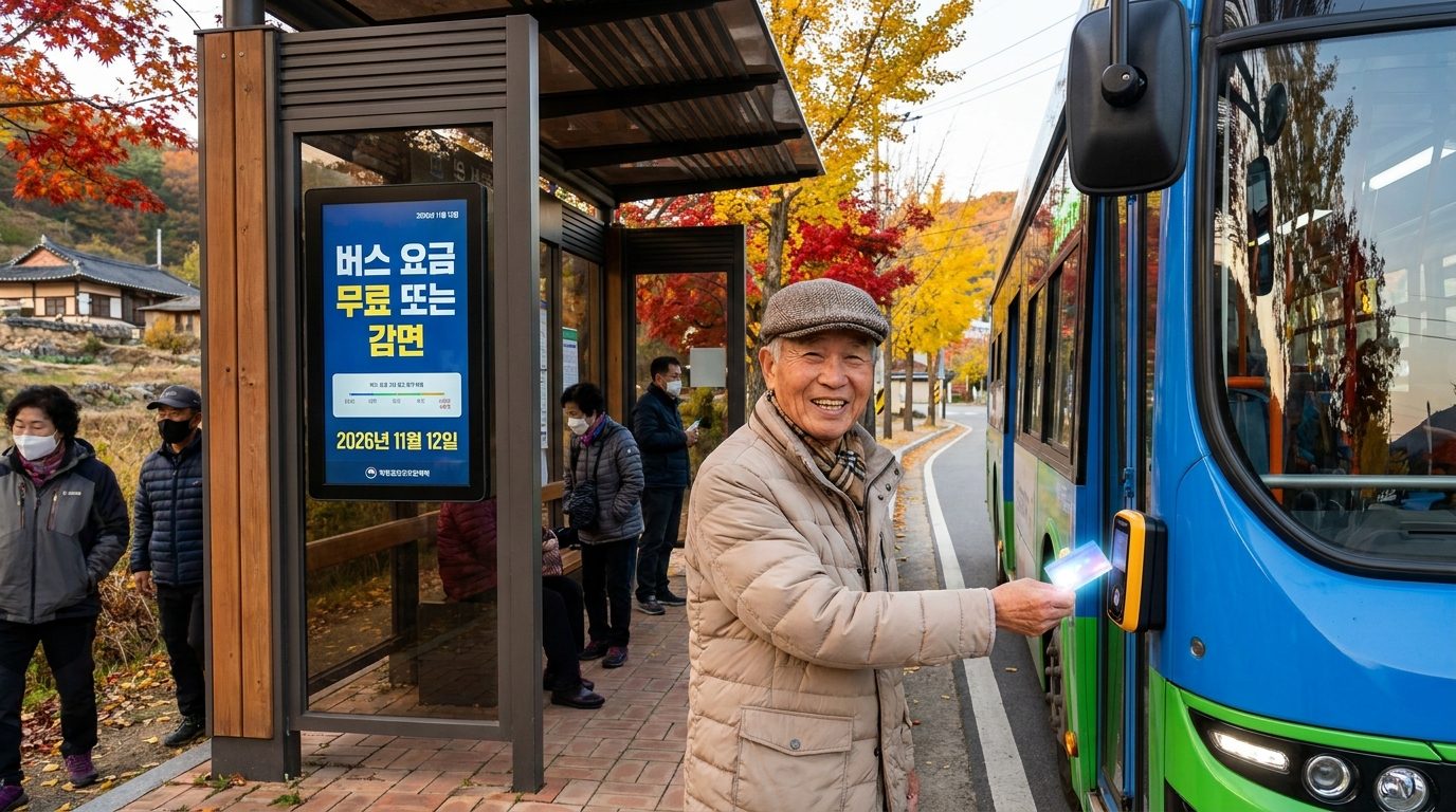가을 분위기의 한국 시골 버스정류장에서 버스카드를 들고 버스에 올라타는 한국인 노인의 실사 사진