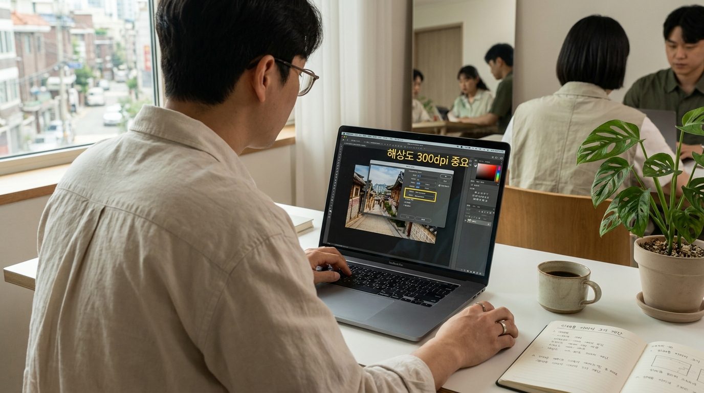 집에서 노트북으로 300dpi 해상도 설정을 확인하는 디자이너