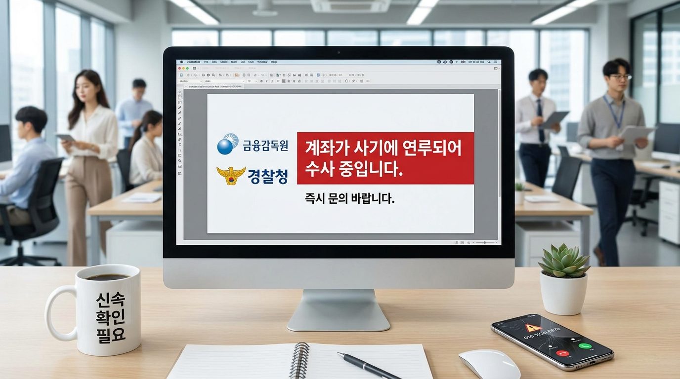 한국 금융당국 로고가 포함된 가짜 공문이 컴퓨터 화면에 보이고, 책상 위 컵에 (신속 확인 필요) 문구가 적혀 있는 모습