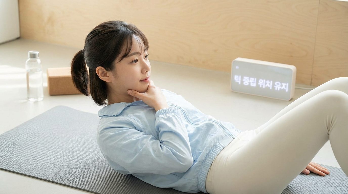 크런치 중 목과 턱의 중립 위치를 잡는 한국인 운동인