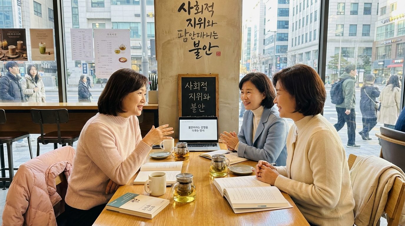 밝은 모던한 카페에서 불안에 대해 토론하는 여성 독서모임의 장면