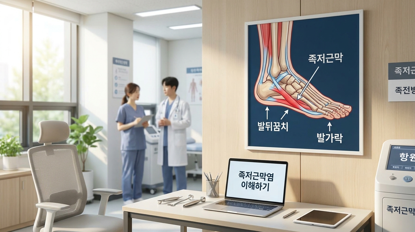현대 한국 병원에 걸린 족저근막염 해부학 포스터와 의료진 모습