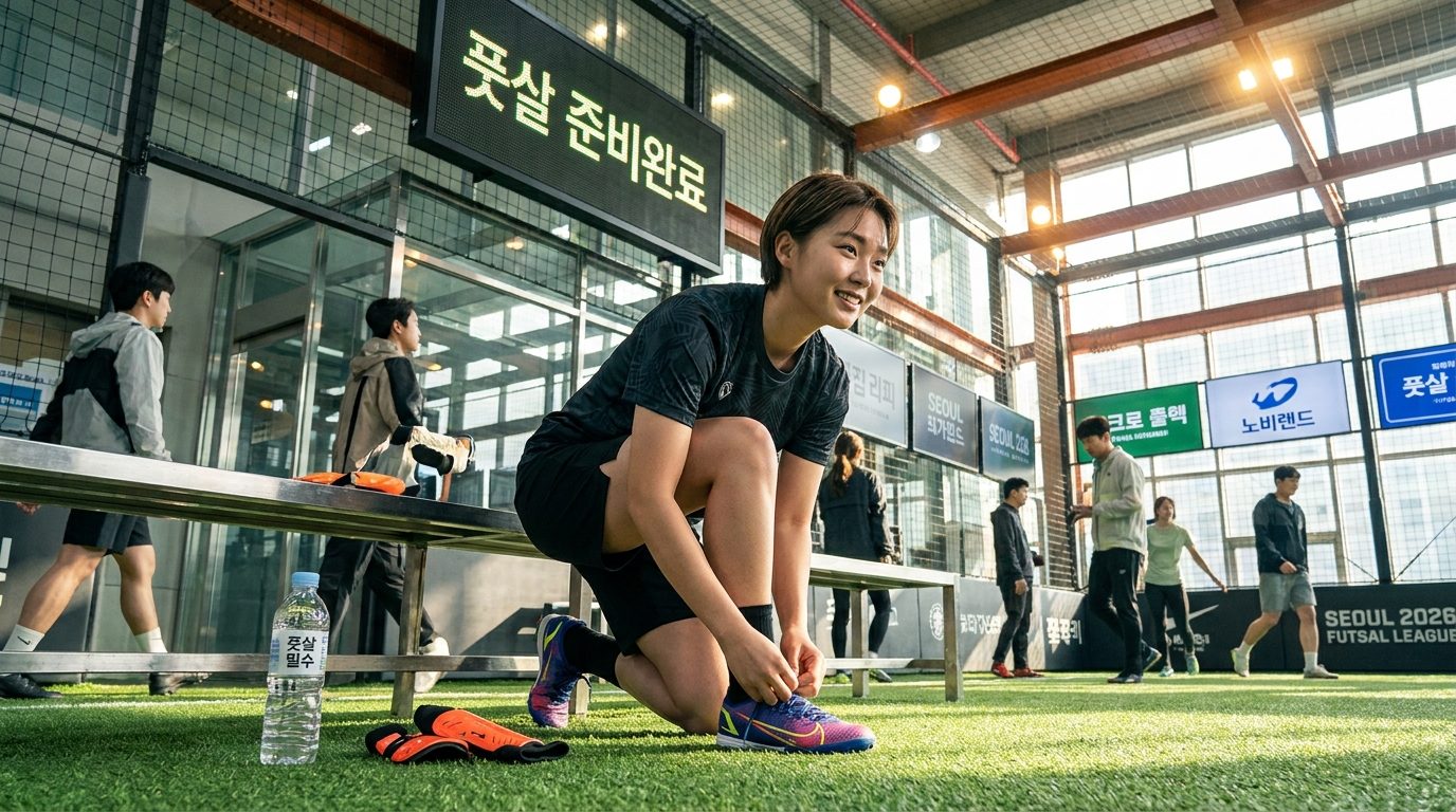 여성 풋살 준비물: 풋살화를 신고 준비하는 한국 여성과 물병, 보호대가 보이는 실내 인조잔디 풋살장 장면