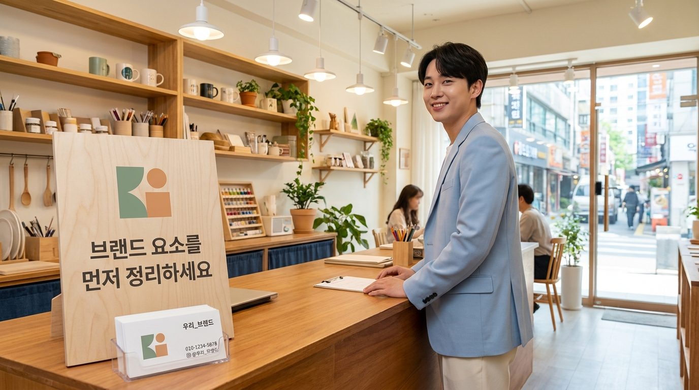 밝고 깔끔한 작업실에서 브랜드 로고와 명함을 선보이며 자랑스러워하는 소상공인 모습