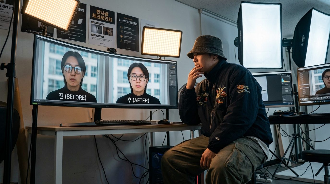AI 보정 전후 안경 및 유리 반사 비교와 품질 점검을 하는 사진작가의 스튜디오 장면