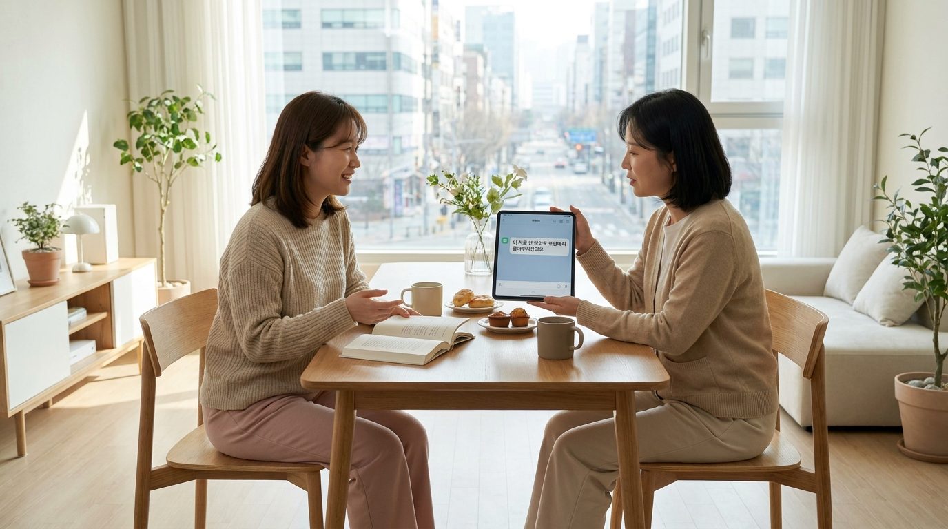 서로 다른 상황에서의 북토크를 보여주는 현대적 한국 거실에서 커피를 마시며 대화하는 두 명의 한국 여성들, 태블릿 화면에는 (이 책을 한 단어로 표현해서 올려주시겠어요)라는 문구가 보임