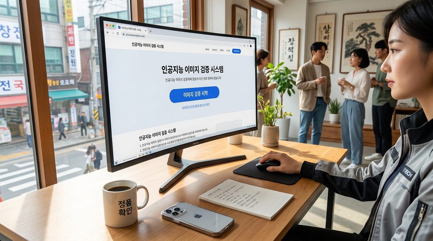 모던한 방에서 AI 이미지 검증 웹사이트에 이미지를 업로드하는 모습