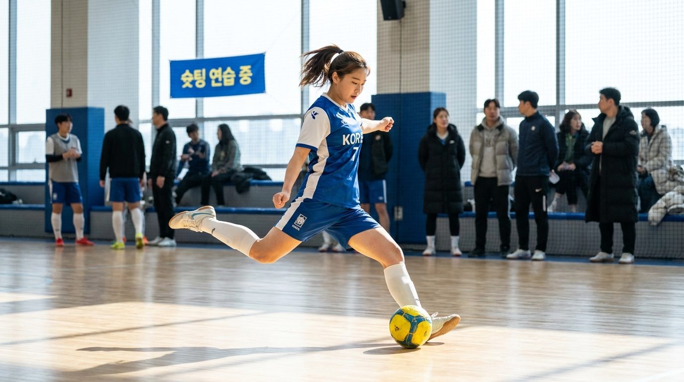 풋살 슈팅 파워: 풋살 골대를 향해 슈팅을 준비하는 한국 여성 선수, 파란색과 흰색 현대 축구복을 입고 한쪽 발을 공 옆에 적절히 디디며 자신감 있는 표정의 모습