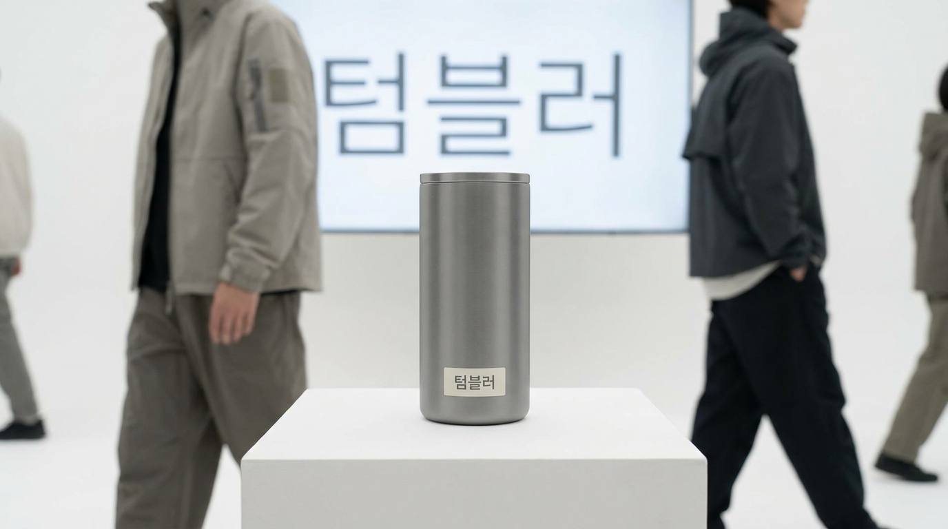현대적인 한국 텀블러 제품이 흰 벽 앞에 놓여 있는 고화질 실사 이미지