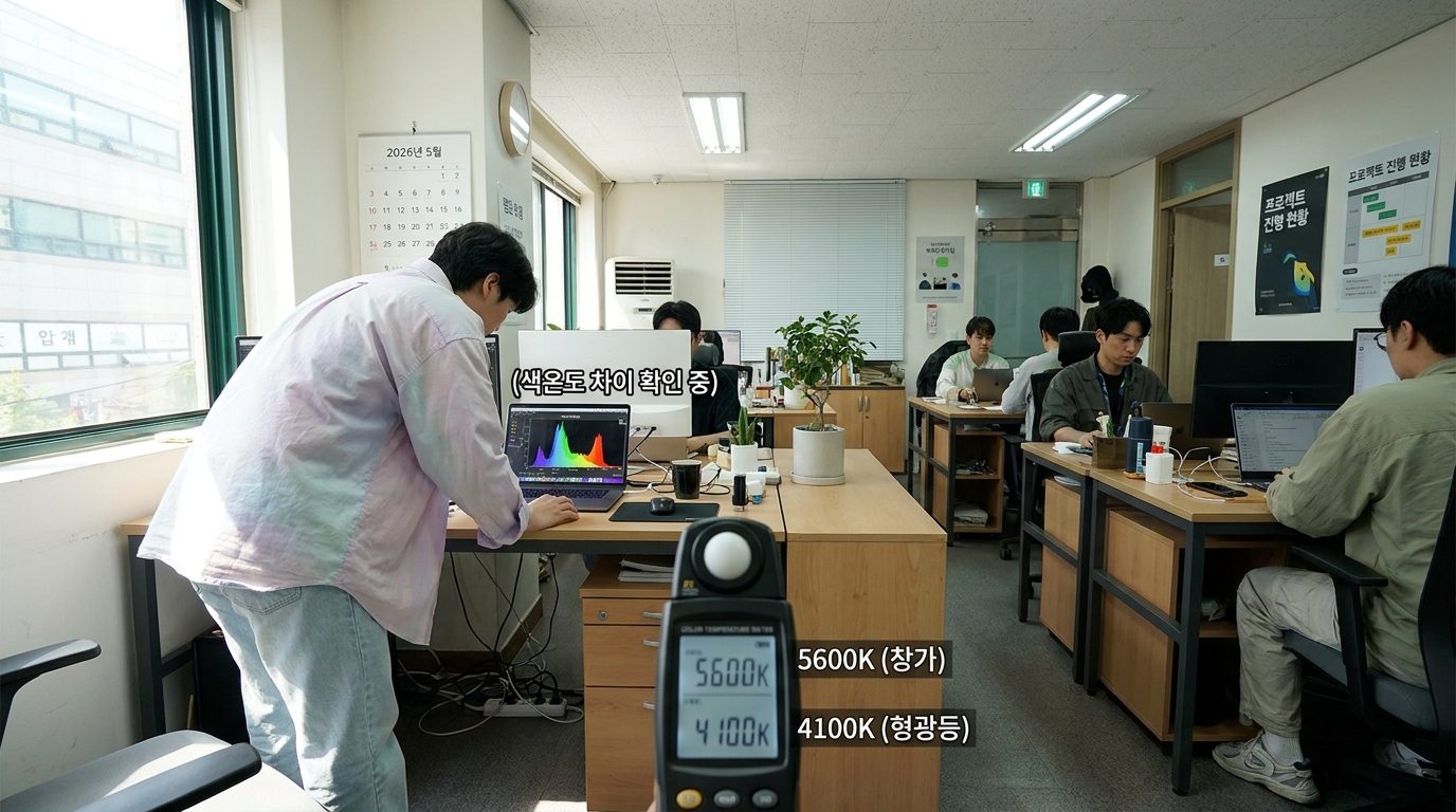 자연광과 형광등이 섞인 현대적인 한국 오피스 공간과 색온도 차이를 보여주는 장면