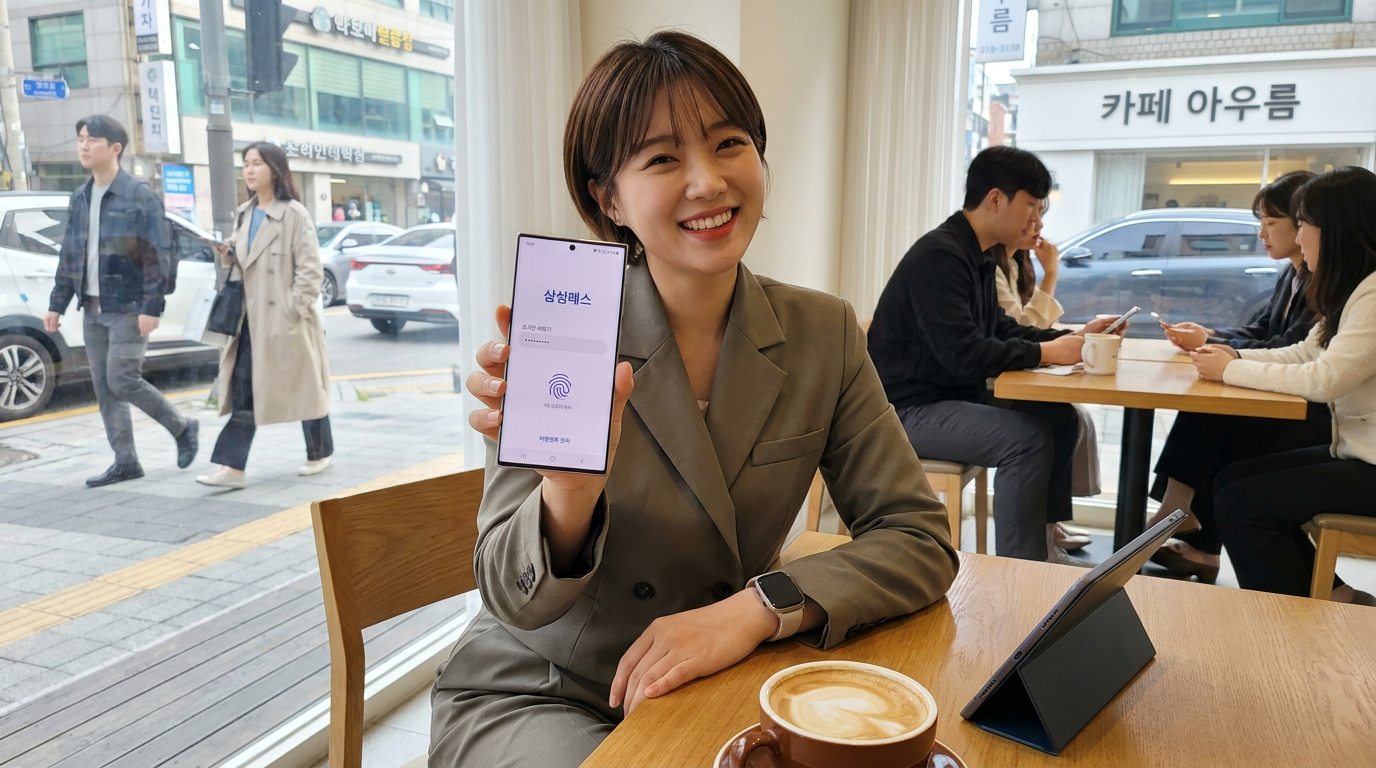 삼성패스 사용법: 갤럭시 스마트폰을 들고 삼성패스 로그인 화면을 보는 현대적인 한국 청년 모습