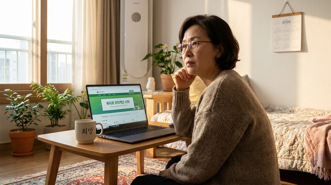생각에 잠긴 중년 한국 여성이 따뜻한 자연광 아래 아늑한 거실에서 노트북으로 복지로 모의계산 홈페이지를 보는 모습