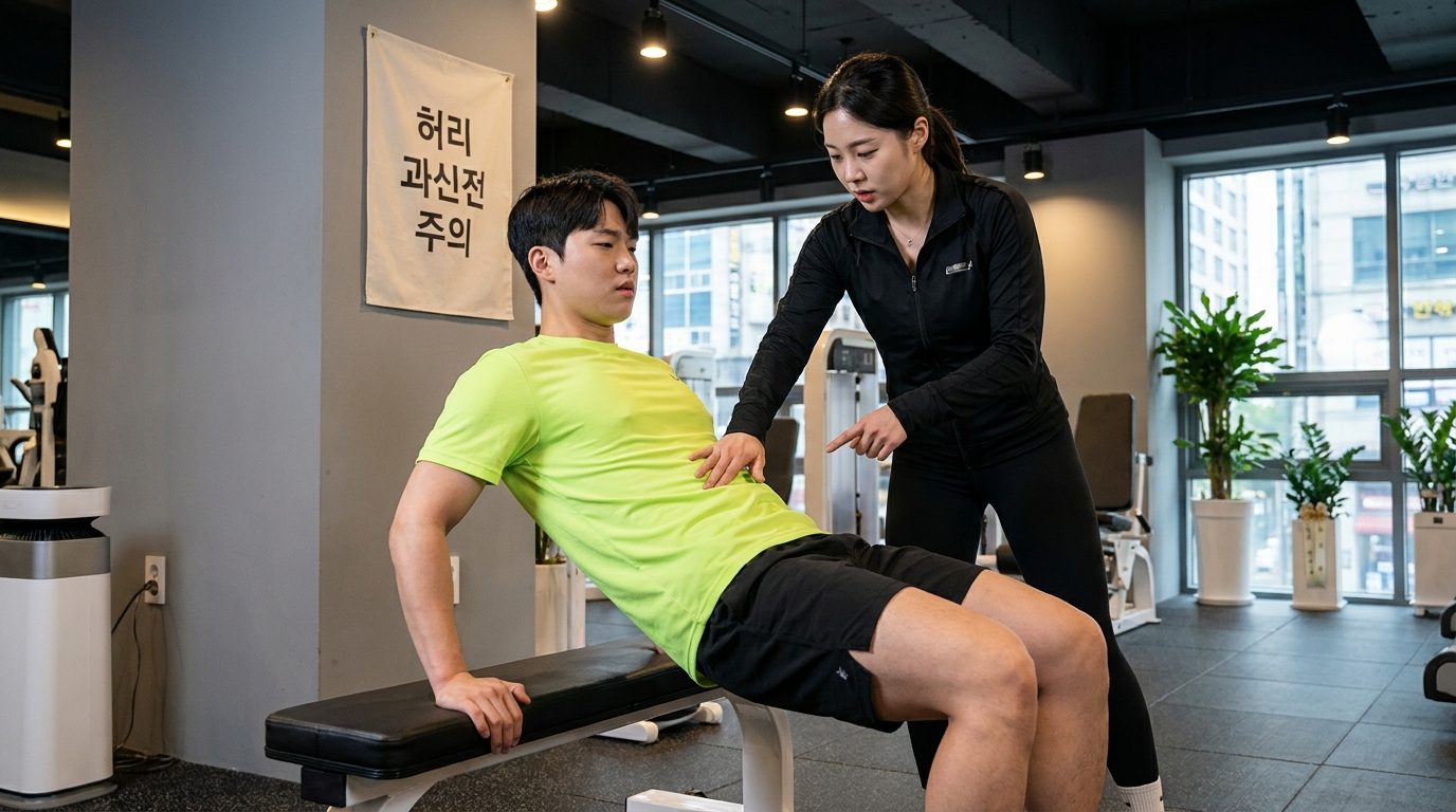 힙쓰러스트 동작 중 허리를 과도하게 젖히는 한국인 남성과 이를 교정하는 여성 트레이너의 모습