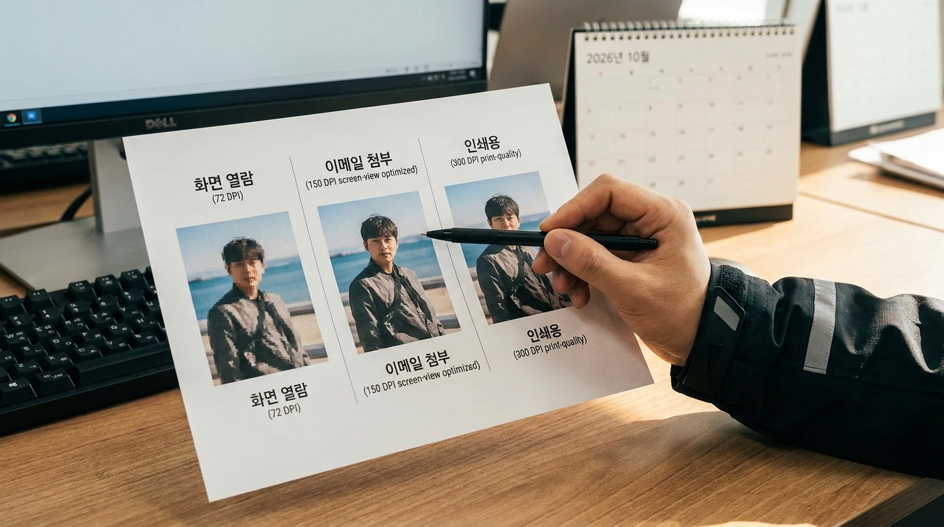 A4 용지에 인쇄된 화면용 및 인쇄용 해상도 비교 문서 클로즈업