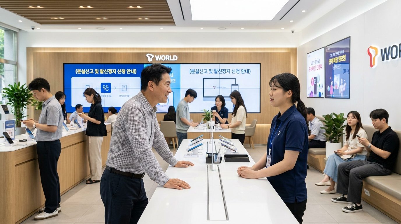 현대적인 한국 통신사 매장에서 분실신고 및 발신정지 신청을 하는 한국 남성