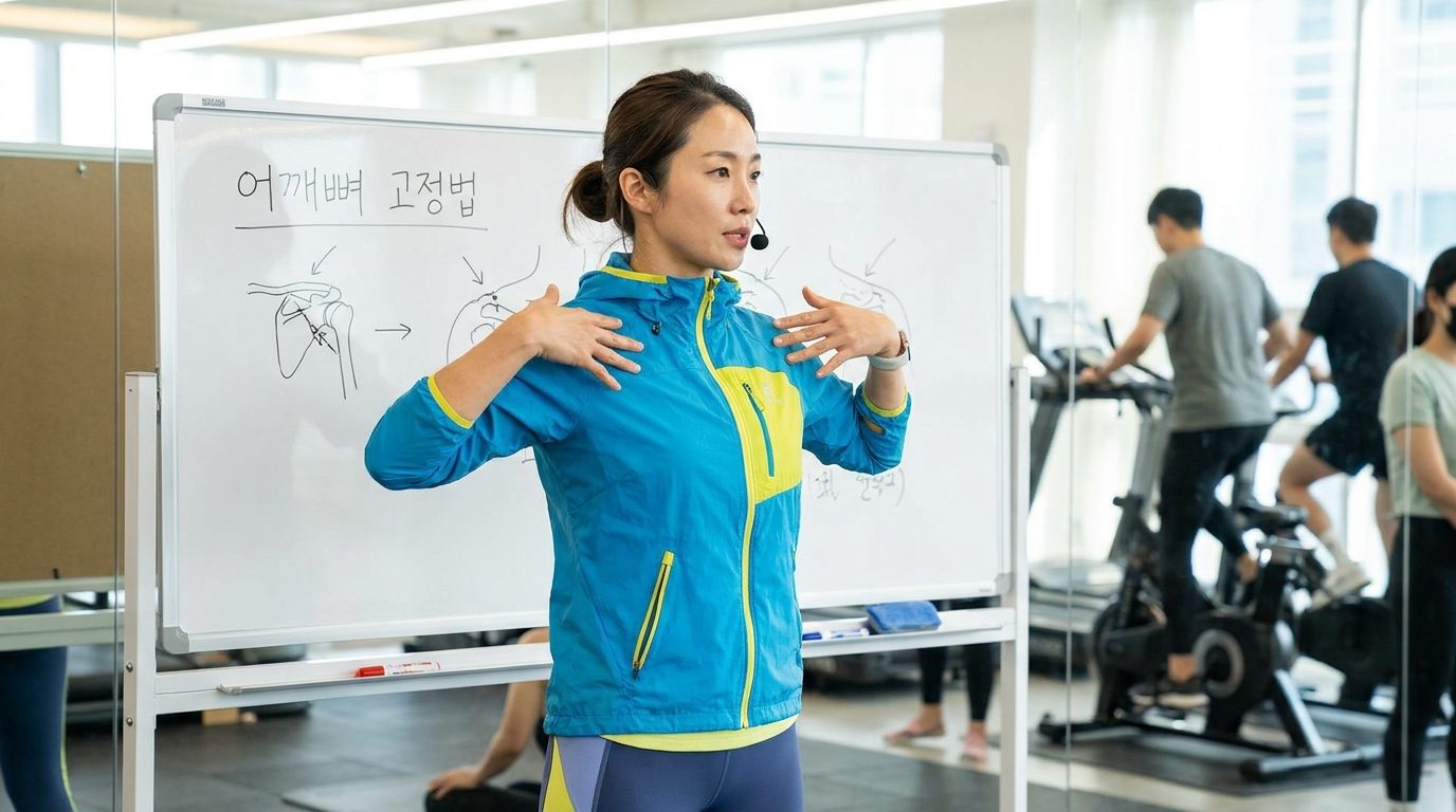 한국인 피트니스 강사가 어깨뼈 고정법을 설명하는 모습
