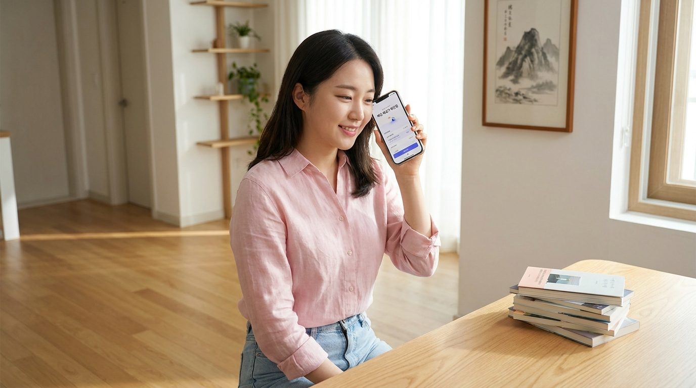알라딘 매입 조건: 현대적인 방 안에서 핑크색 블라우스와 청바지를 입은 여성이 스마트폰으로 알라딘 매입 예상가를 확인하는 모습.