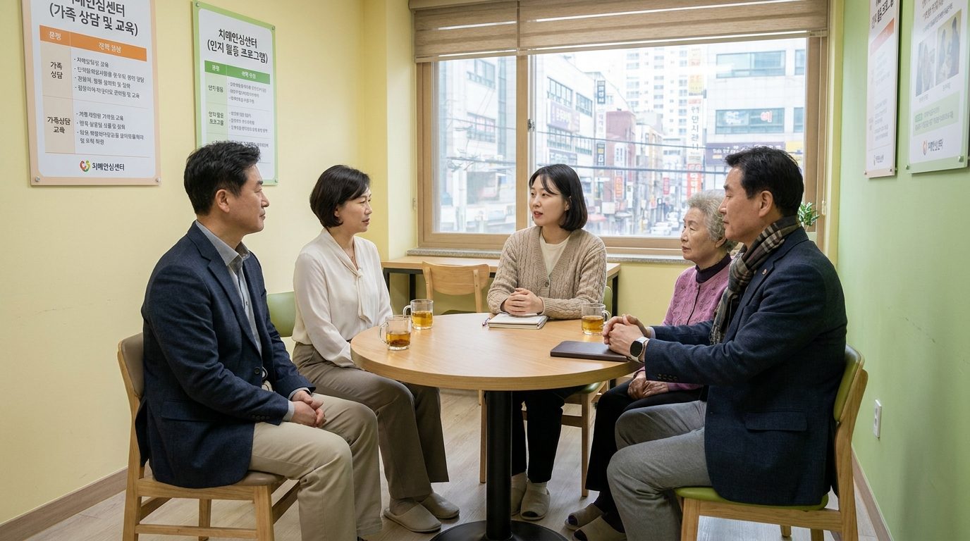 치매안심센터에서 가족 상담 및 교육을 받는 한국 가족들 모습