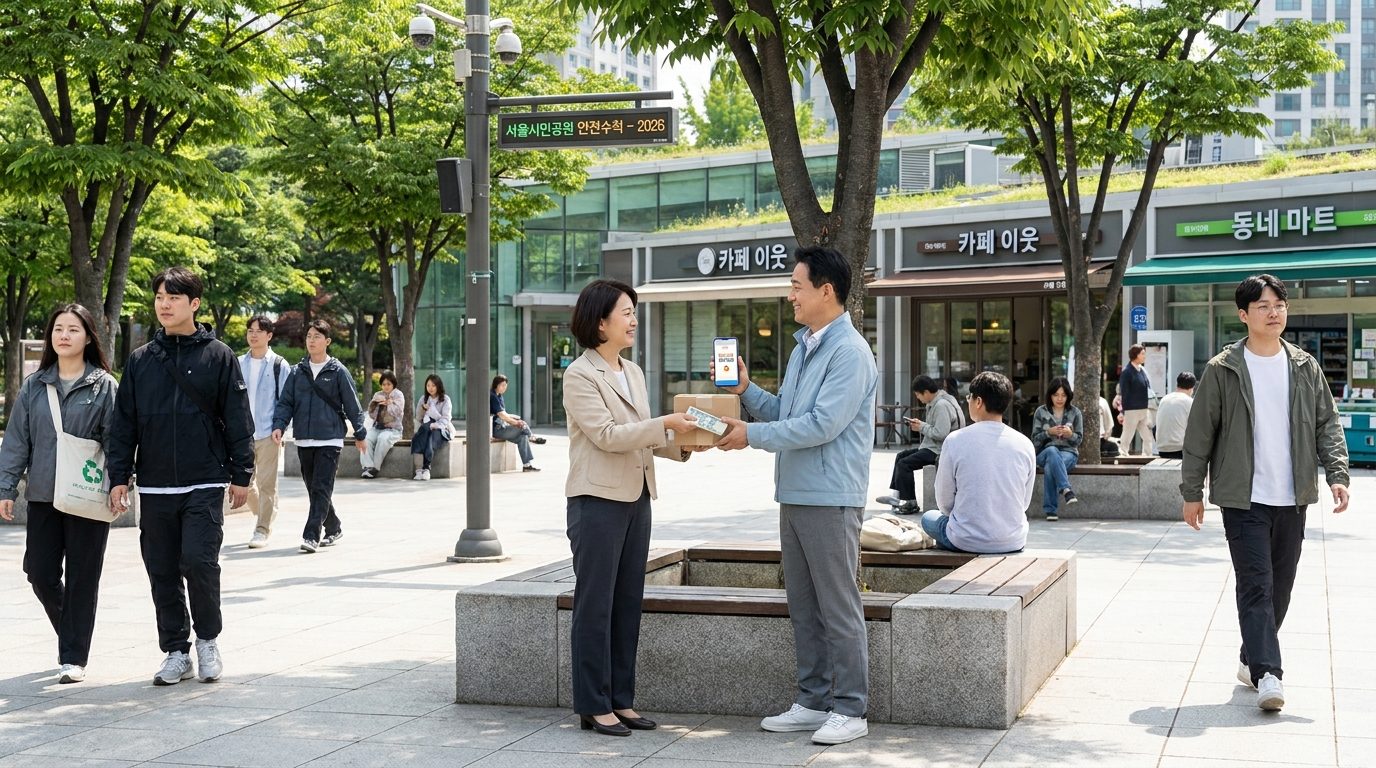 사람 많은 공원에서 당근마켓 직거래 및 당근페이로 안전하게 거래하는 한국인 두 명의 모습, 환한 낮 시간대 활기찬 분위기