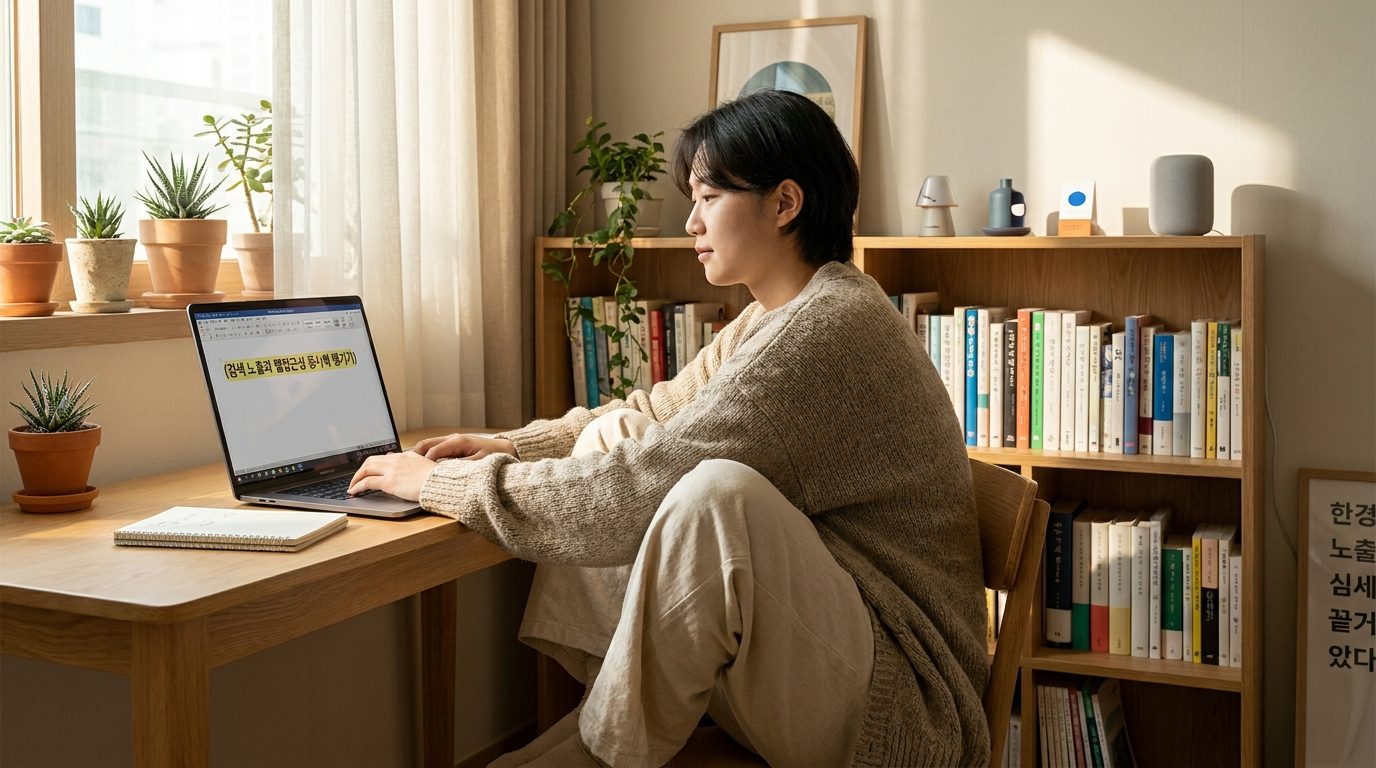 현대적인 한국 가정 사무실에서 이미지 alt 텍스트를 검토하는 콘텐츠 제작자 모습