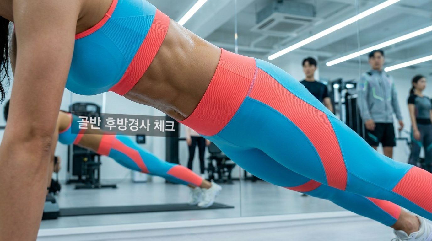 플랭크를 하며 골반 후방경사를 정확히 유지하는 한국인 여성의 하체 클로즈업