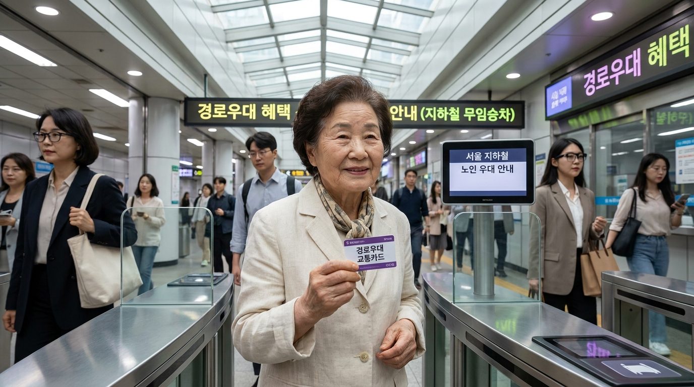서울 지하철에서 경로우대 교통카드를 사용하는 65세 이상 노인의 모습