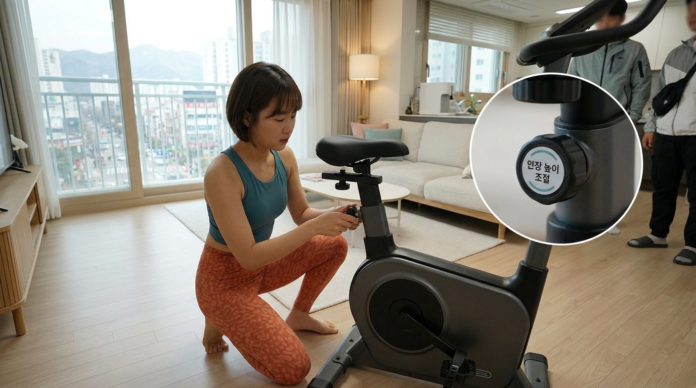 한 젊은 한국 여성이 밝고 현대적인 거실에서 실내자전거 안장 높이를 자신의 골반뼈 높이에 맞게 조절하는 모습