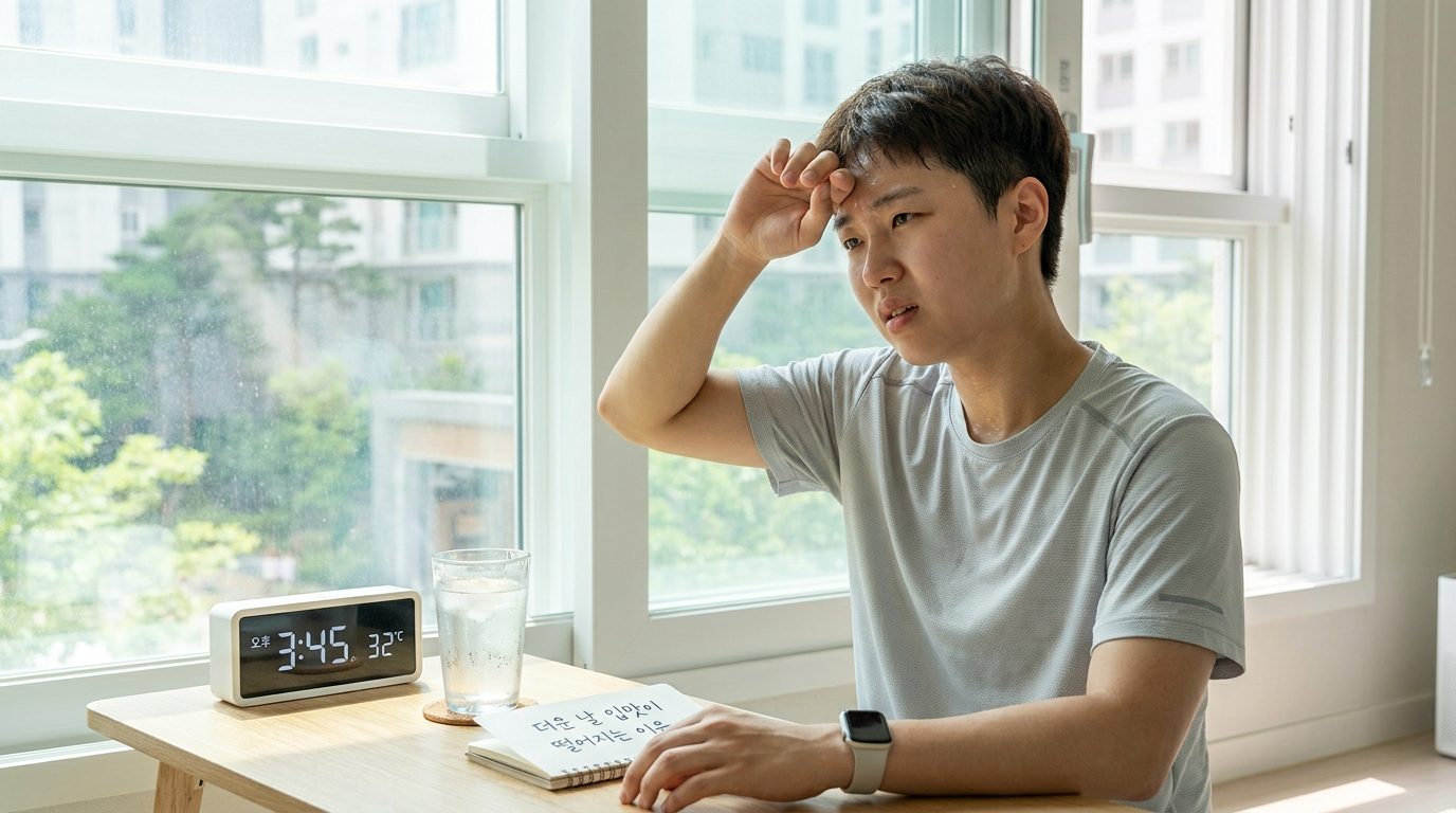 여름철 식욕 저하, 더운 날 입맛이 떨어지는 이유를 표현한 젊은 한국인 인물이 실내에서 자연광을 받으며 땀을 닦고 있는 모습