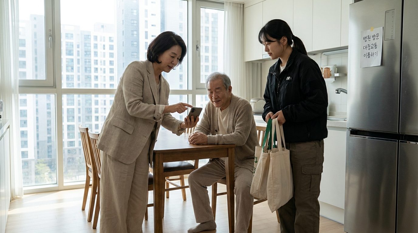 현대적인 주방에서 가족이 모여 대중교통과 장보기 등의 대안을 계획하는 따뜻한 가족 풍경