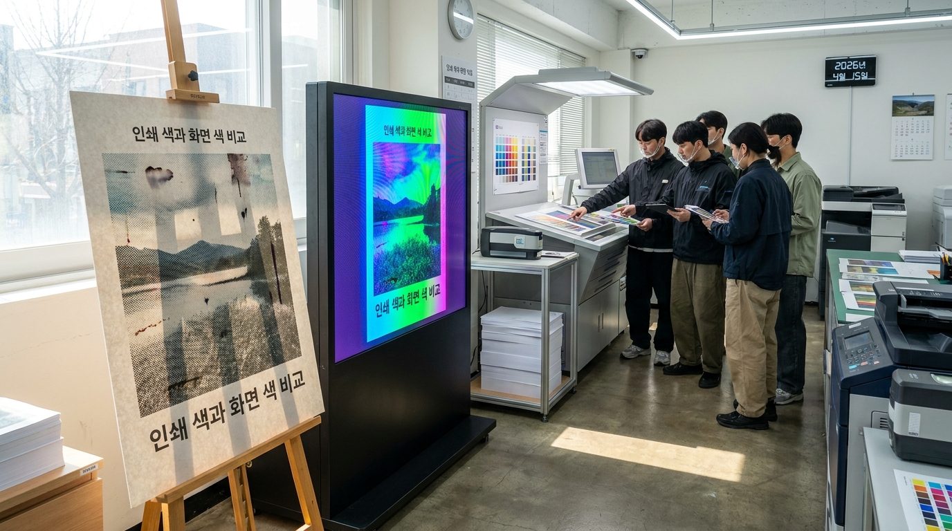 인쇄용 이미지 설정법: 인쇄된 포스터와 디지털 스크린의 색상 차이를 보여 주는 인쇄소 작업장 전경