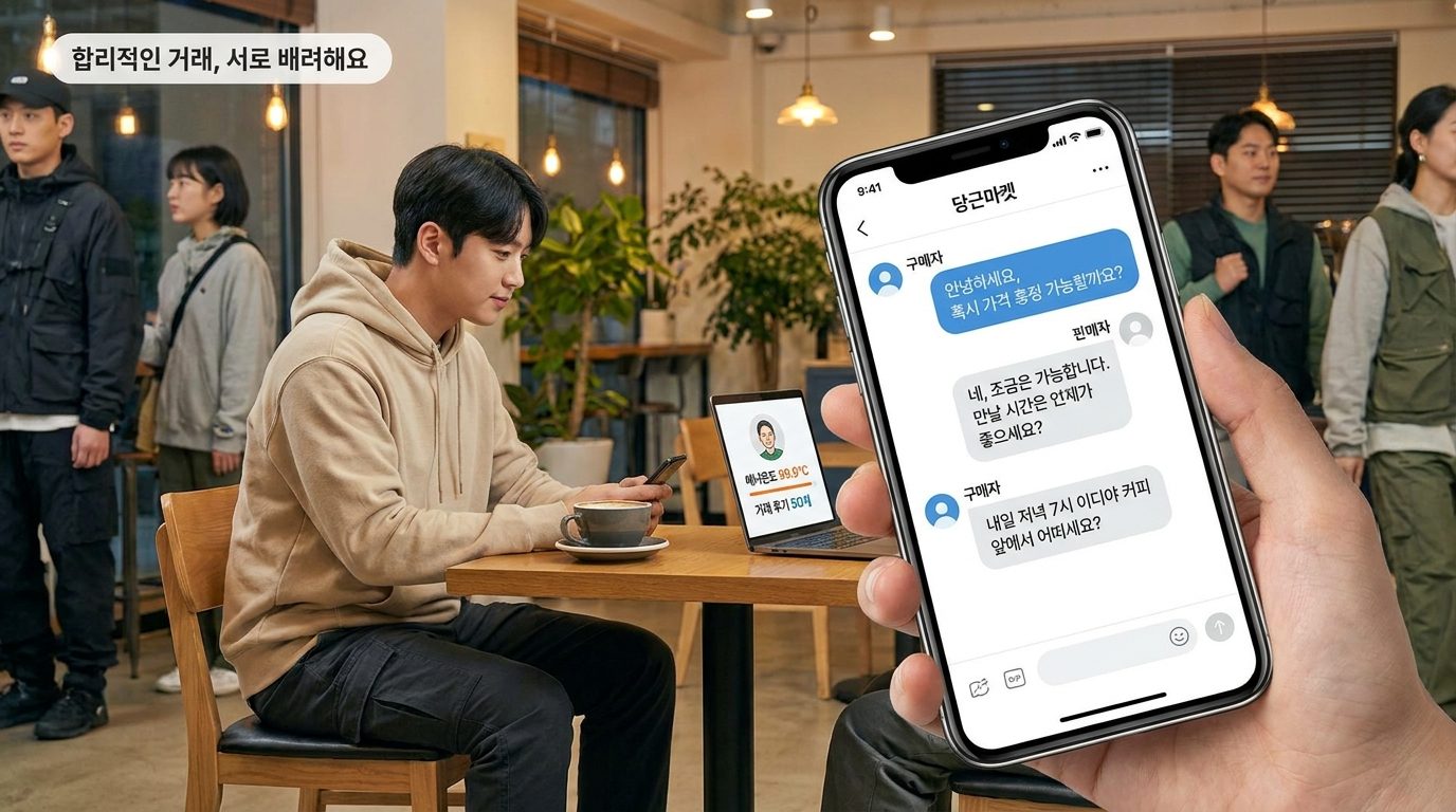 당근마켓 채팅으로 가격과 만남을 조율하는 한국 젊은이, 카페에서 핸드폰 채팅 화면을 집중해서 보는 모습